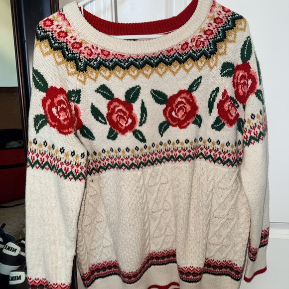 Mossimo Supply Co. Sweaters - Cream Floral Rose Cable-Knit Sweater - Women